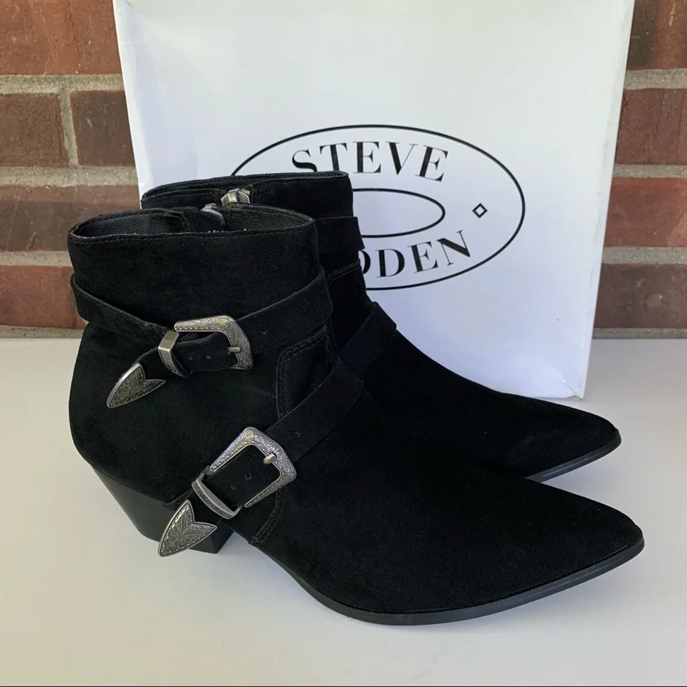 Steve Madden Cuff Black Suede Western Ankle Boots Buckle US 9.5 M - Picture 1 of 8